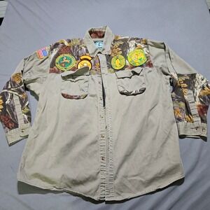 Master Sportsman Rugged Outdoor Gear Shirt Mens 2XL Green Camo Patches